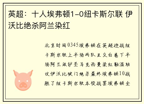 英超：十人埃弗顿1-0纽卡斯尔联 伊沃比绝杀阿兰染红